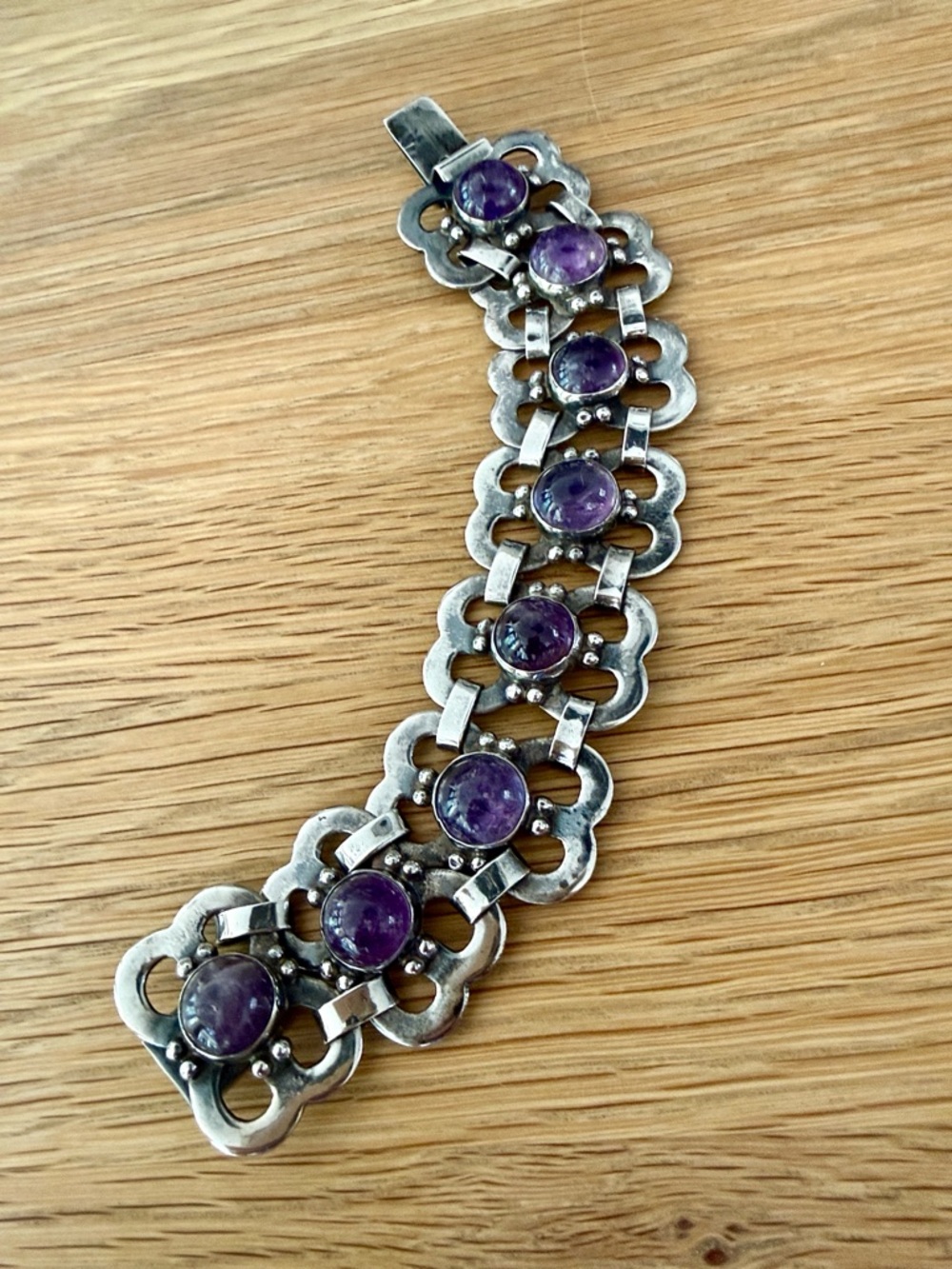 Sterling Silver Amethyst Vintage Mexican Heavy Link Bracelet Hidden Clasp 6”